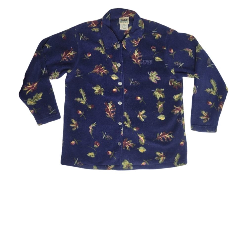 VINTAGE 90s shacket floral button front‎ blue fleece button up jacket M